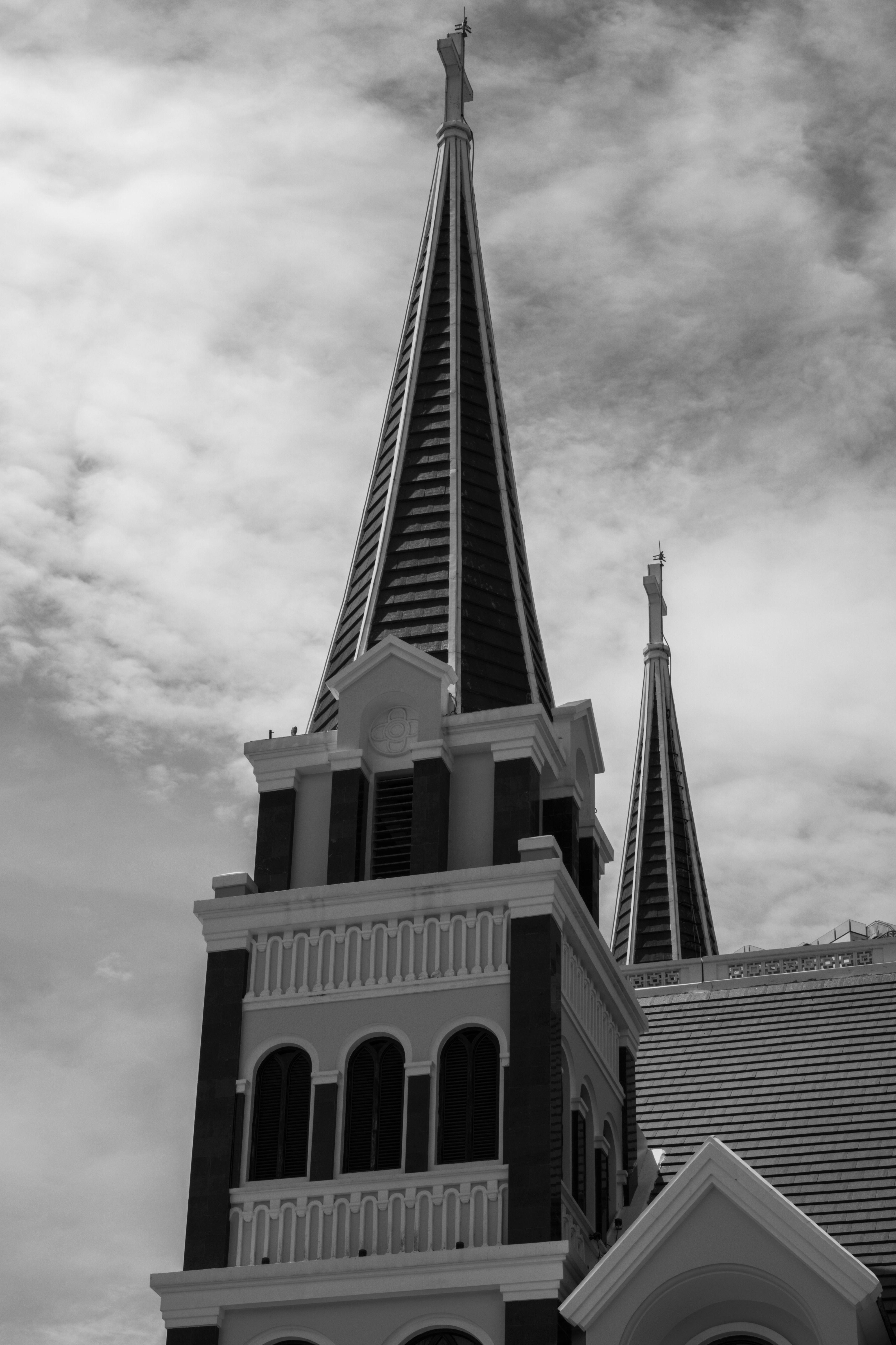 A black and white photo of a church steeple · Free Stock Photo