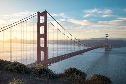 Free The iconic Golden Gate Bridge captured at sunrise from Sausalito, California. Stock Photo