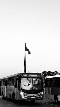 Black and white city bus scene, showcasing urban transportation with flag backdrop.