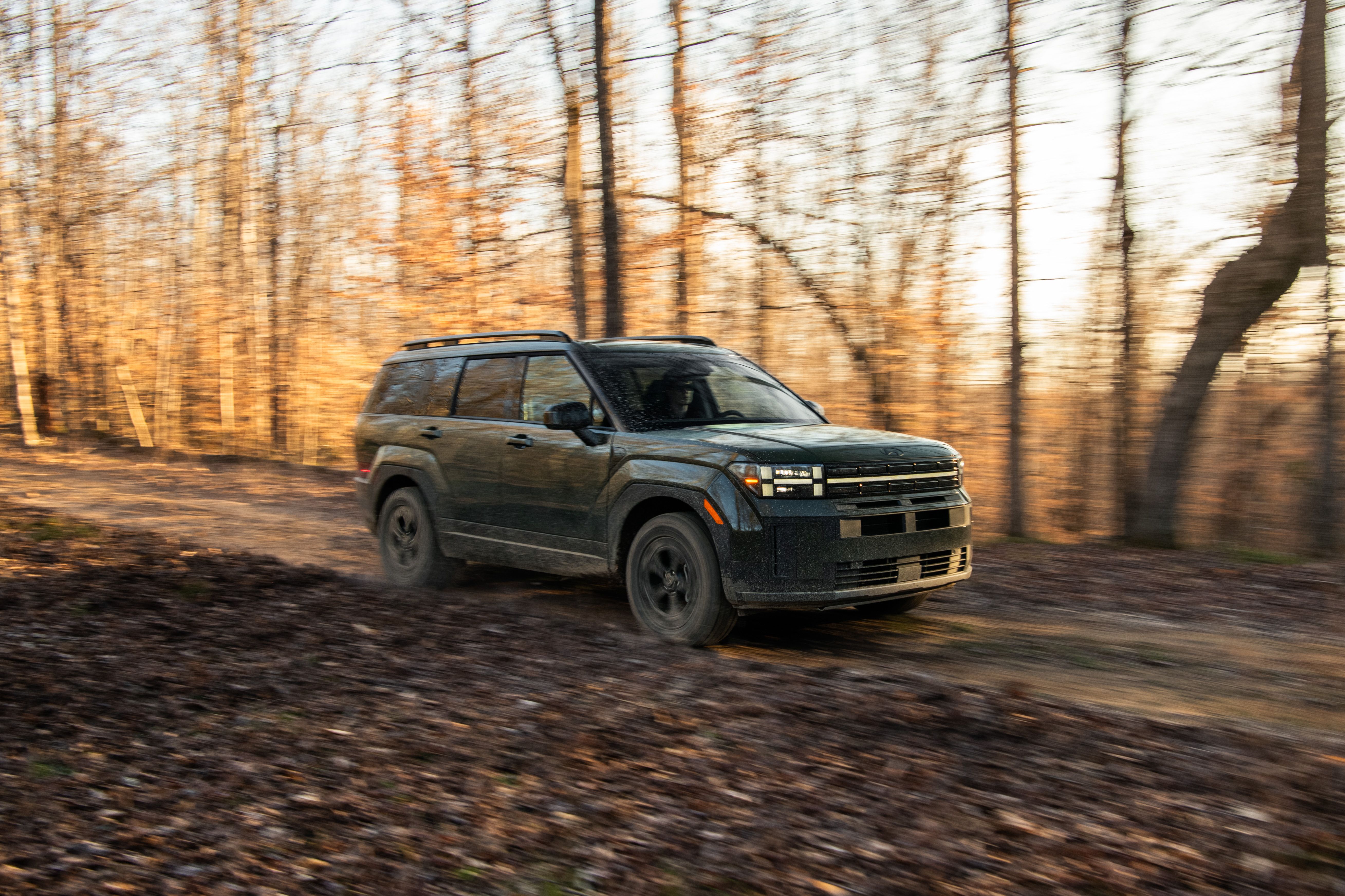SUV Navigating Forest Trail During Autumn