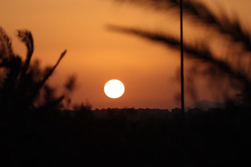 Free A stunning sunset view over Poetto Beach with dark silhouettes and a warm orange sky. Stock Photo