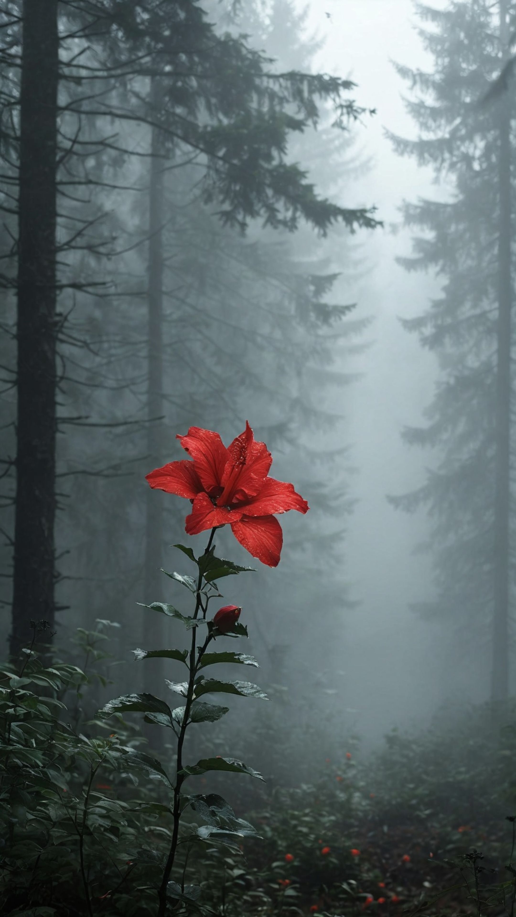 A vibrant red flower standing amidst a foggy forest creates a striking contrast against the muted backdrop.