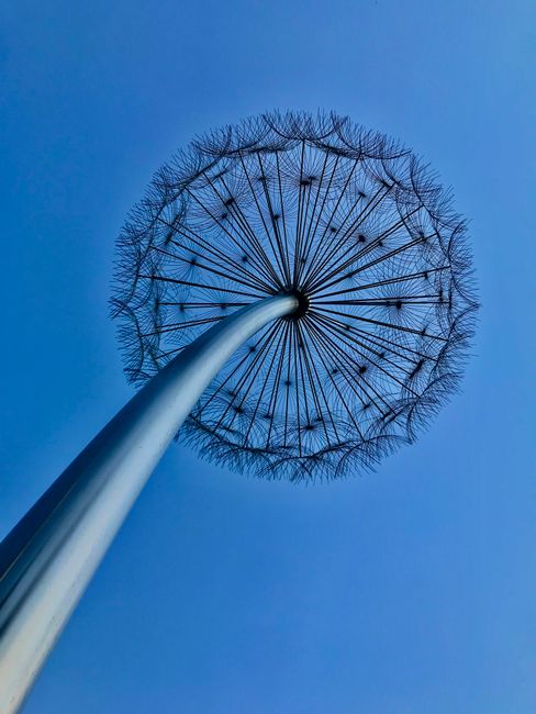 Low angle view of a dandelion-inspired metal sculpture under a clear blue sky, Dubai.