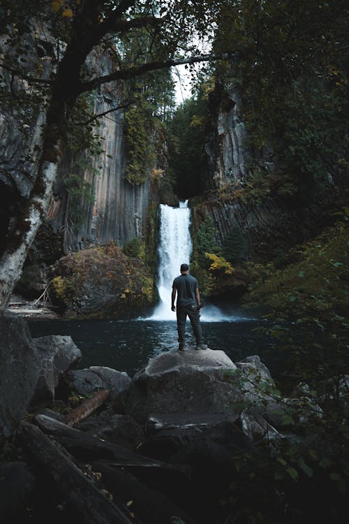 Back View of a Man Standing on a Rock near the Waterfalls
