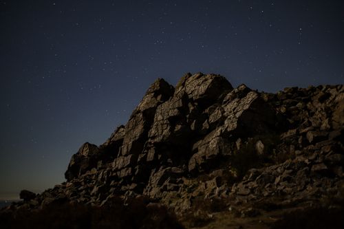 Free A breathtaking night view of the rocky landscape at Stiperstones, England, illuminated by a clear starry sky. Stock Photo