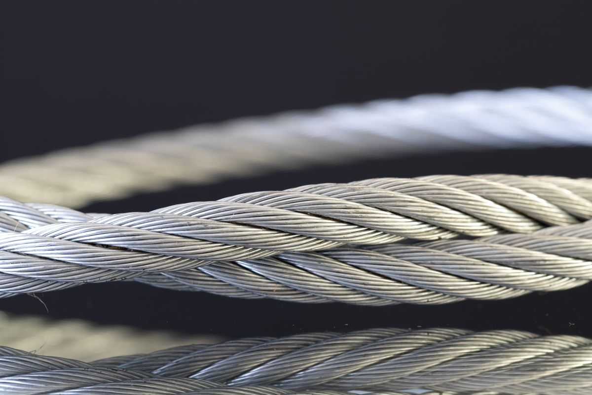 Close-up of twisted steel wire rope strands showing rope construction