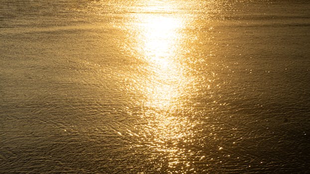 Glowing golden sunlight reflecting off the tranquil sea water in Acapulco, Mexico, capturing a serene moment.