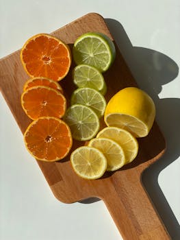 Bright and fresh citrus slices including lemon, lime, and orange on a wooden cutting board.