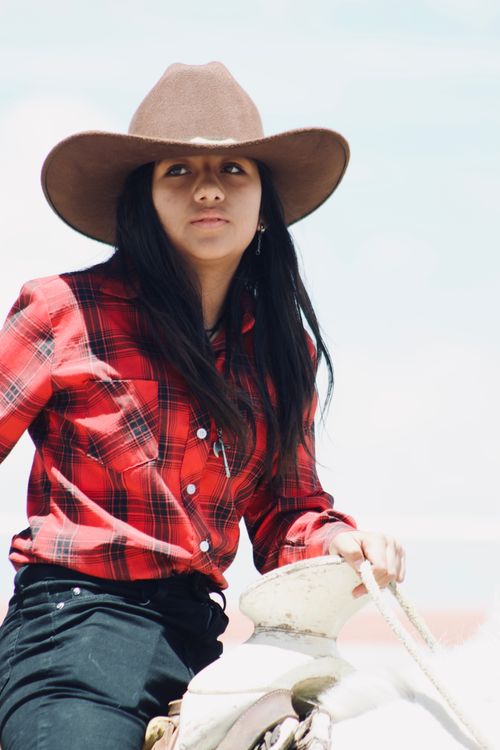 Free A young woman wearing a cowboy hat and plaid shirt on horseback under a bright sky. Stock Photo