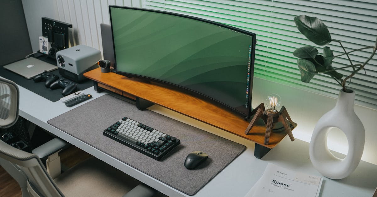 Curved 34-inch ultrawide gaming monitor on a wooden stand, surrounded by a mechanical keyboard, gaming mouse, and home office accessories, showcasing a sleek desktop setup ideal for immersive gaming experiences.