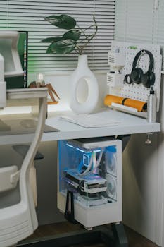 A sleek home office setup featuring a gaming PC and ergonomic desk arrangement.