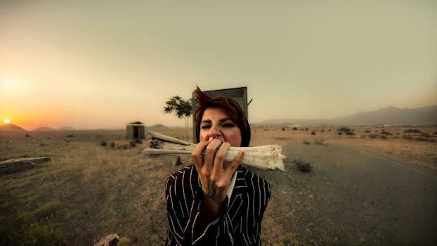 A woman posing with large bones during a dramatic sunset in the desert of Qazvin, Iran.