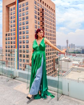 Fashion portrait on rooftop in Mexico City, capturing urban vibe and LGBT pride.