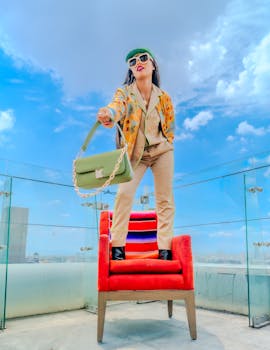 Fashionable woman posing on a rooftop chair in Ciudad de México, Mexico, showcasing eclectic style under a bright sky.