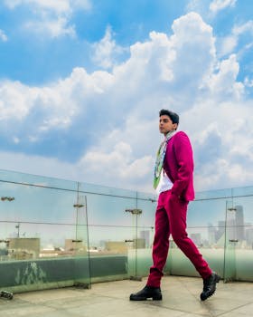 Confident young man in a vibrant suit stands on a rooftop in Ciudad de México, CDMX, México.