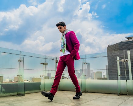 A fashionable young man in a vibrant suit confidently walks on a rooftop in Ciudad de México, under a clear blue sky.