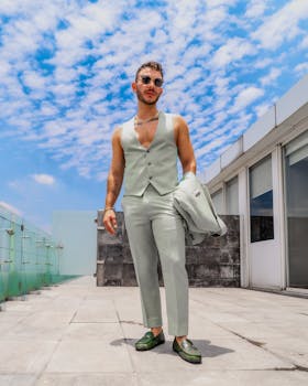 A stylish man in a light green suit confidently poses on a sunny rooftop in Mexico City.