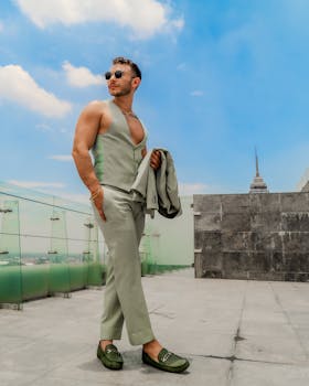 Fashionable man in urban rooftop setting with Mexico City skyline.