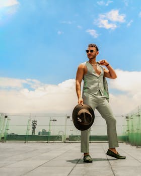 A fashionable man in sunglasses poses confidently outdoors in a sleek suit and holding a hat.