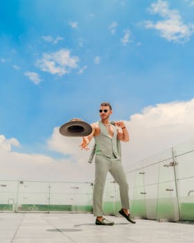 A fashionable man tosses his hat in the air on a rooftop in Mexico City under a bright blue sky.