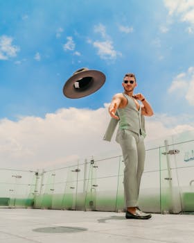Elegant man throws hat in a vibrant urban rooftop scene, showcasing modern fashion.