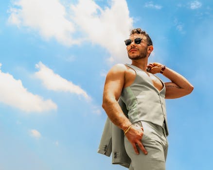 Confident man in suit poses outdoors under bright blue skies in Mexico City.
