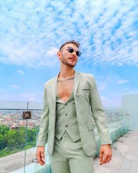 Fashionable man in a light green suit poses on a rooftop terrace in Mexico City under a bright summer sky.