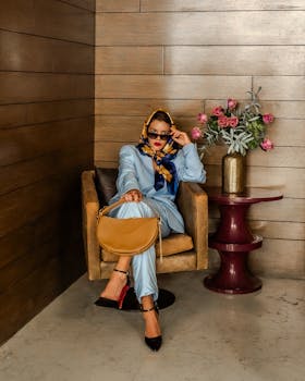A fashionable woman in a stylish outfit poses with confidence indoors, exuding elegance and chic style.