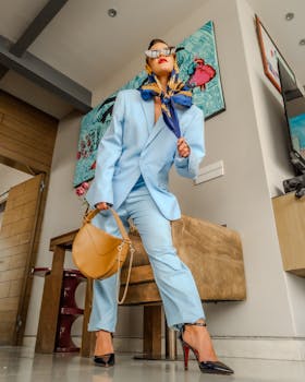 Fashion-forward woman in a blue suit poses indoors with striking accessories and modern art.