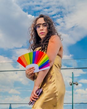 A stylish woman outdoors holding a rainbow fan, exuding confidence and joy on a sunny day.