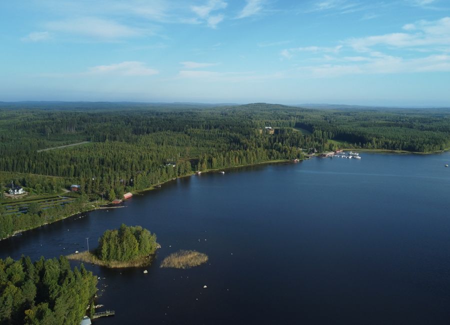 Drone shot showcasing a serene Finnish lake surrounded by lush forests.