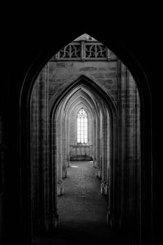 一张哥特式拱门的黑白照片，戏剧性地展现了复杂的建筑细节