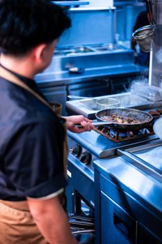 Skilled chef preparing a dish on a stove in a modern industrial kitchen setting.