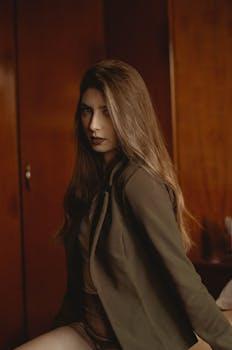 一位留着长发的女人身着休闲装，在室内摆出姿势，营造出温暖而略带忧郁的氛围