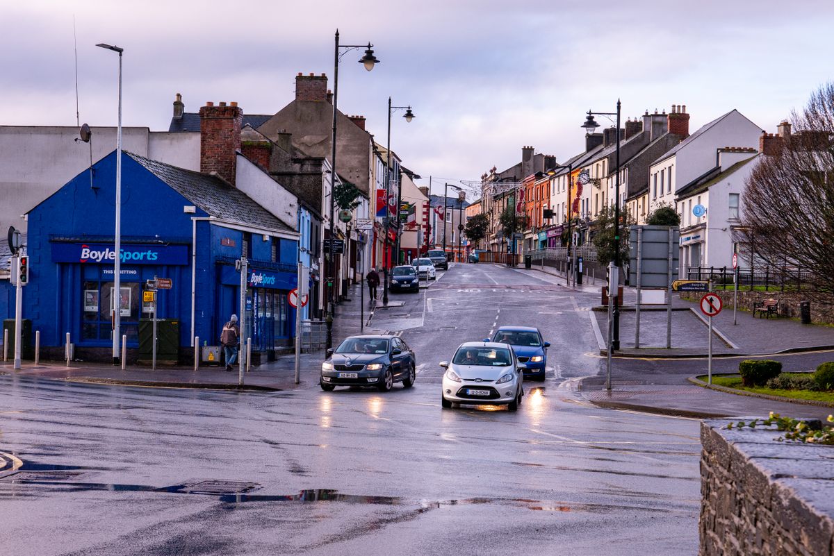A colourful main street in a small Donegal town