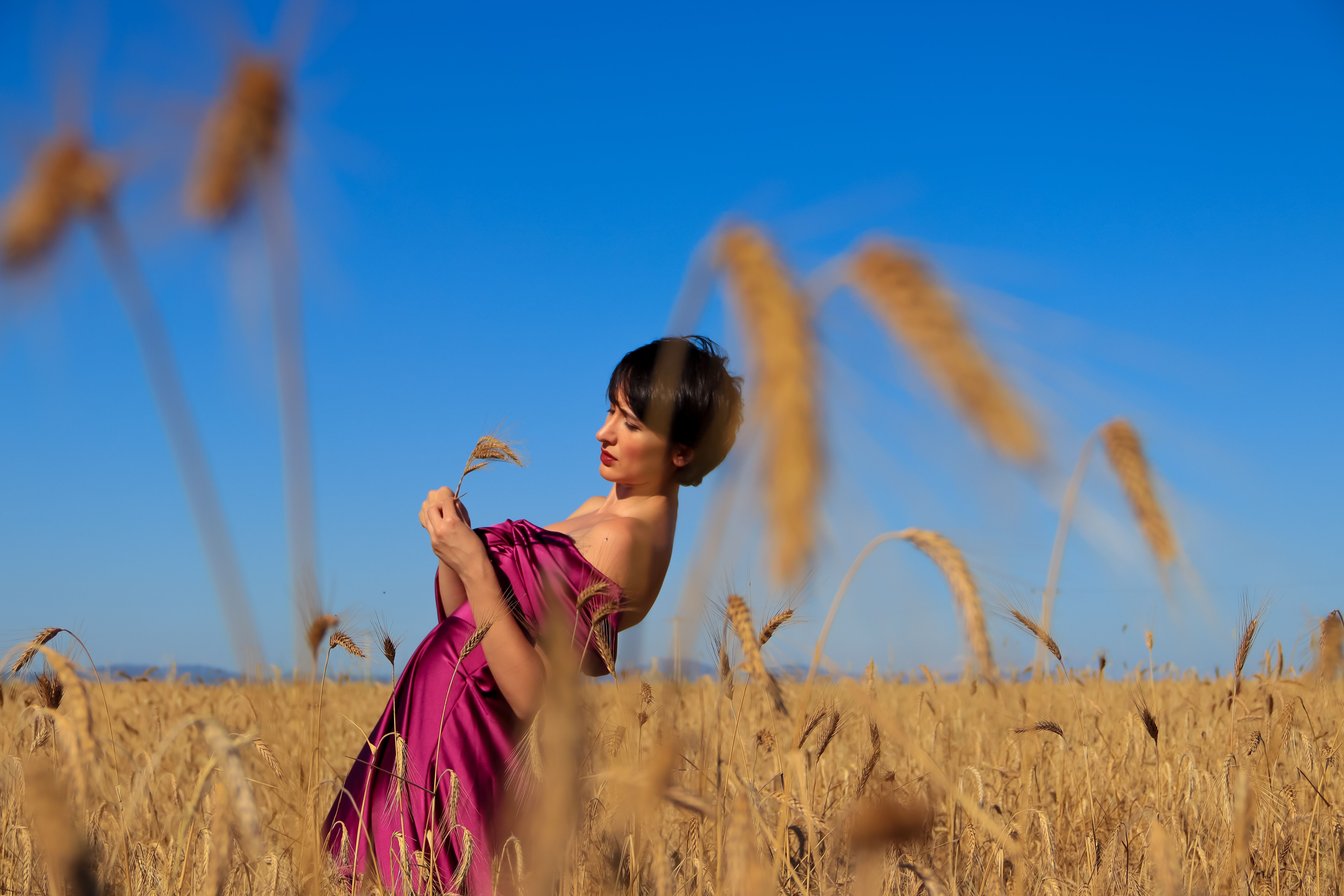 A Woman Posing on a Field under a Clear, Blue Sky · Free Stock Photo
