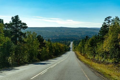 Free A tranquil highway cutting through lush forests in the Finnish countryside, perfect for road trips. Stock Photo