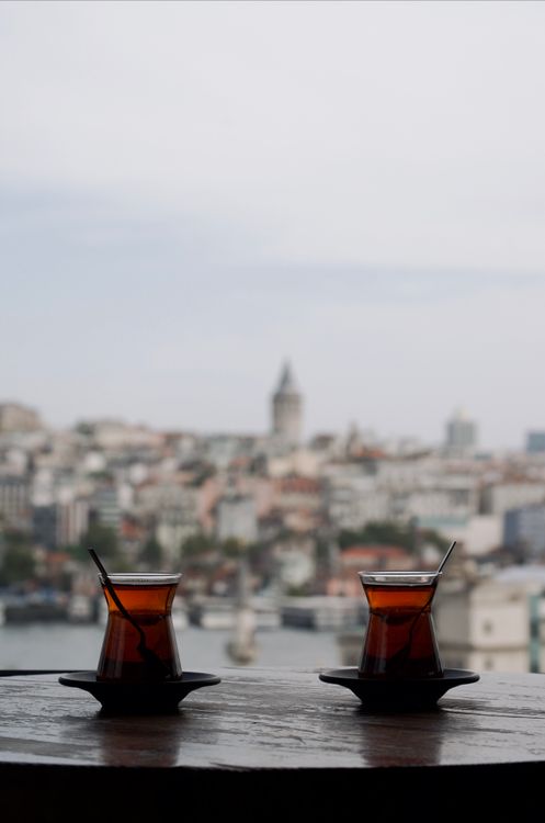 Istanbul Rooftop Tea Glasses of Tea Standing on the Table with View of Istanbul Skyline ...