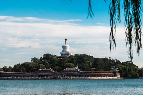 Free Tranquil scene of Beihai Park with its iconic White Dagoba surrounded by lush greenery and water. Stock Photo