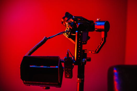 Professional camera gimbal setup illuminated by red lighting, highlighting advanced photography equipment.