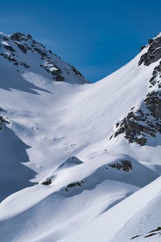 Majestic snow-covered mountains under a clear blue sky, perfect for winter sports.