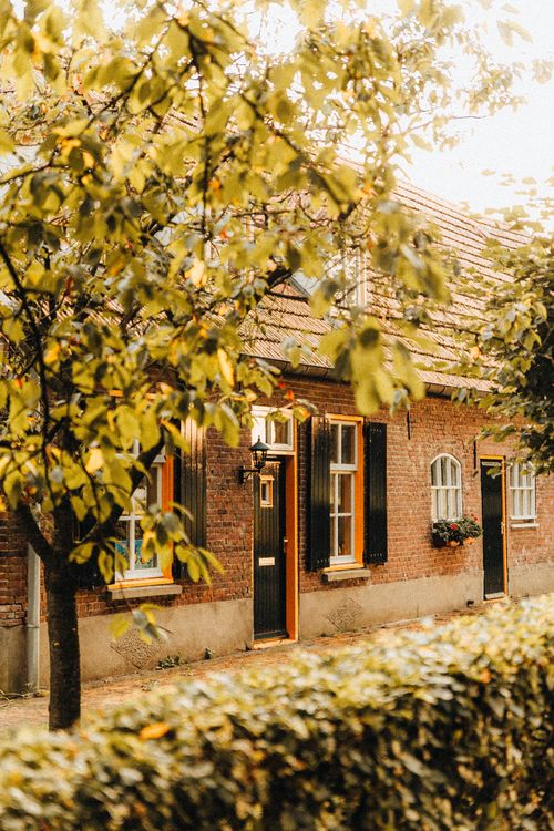 Free A picturesque brick house surrounded by lush trees in a warm, sunlit countryside setting. Stock Photo