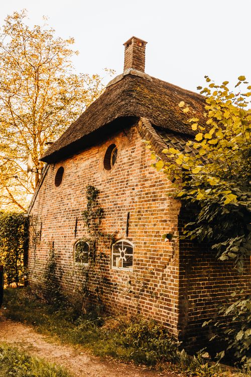 Free A rustic brick cottage with a thatched roof nestled among trees, basking in the warm glow of a sunset. Stock Photo