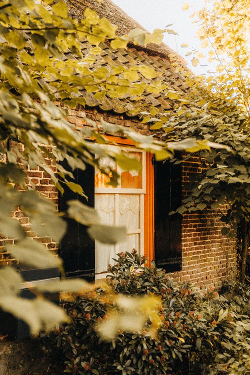 Free A rustic brick house surrounded by autumn leaves, capturing a warm and cozy atmosphere. Stock Photo