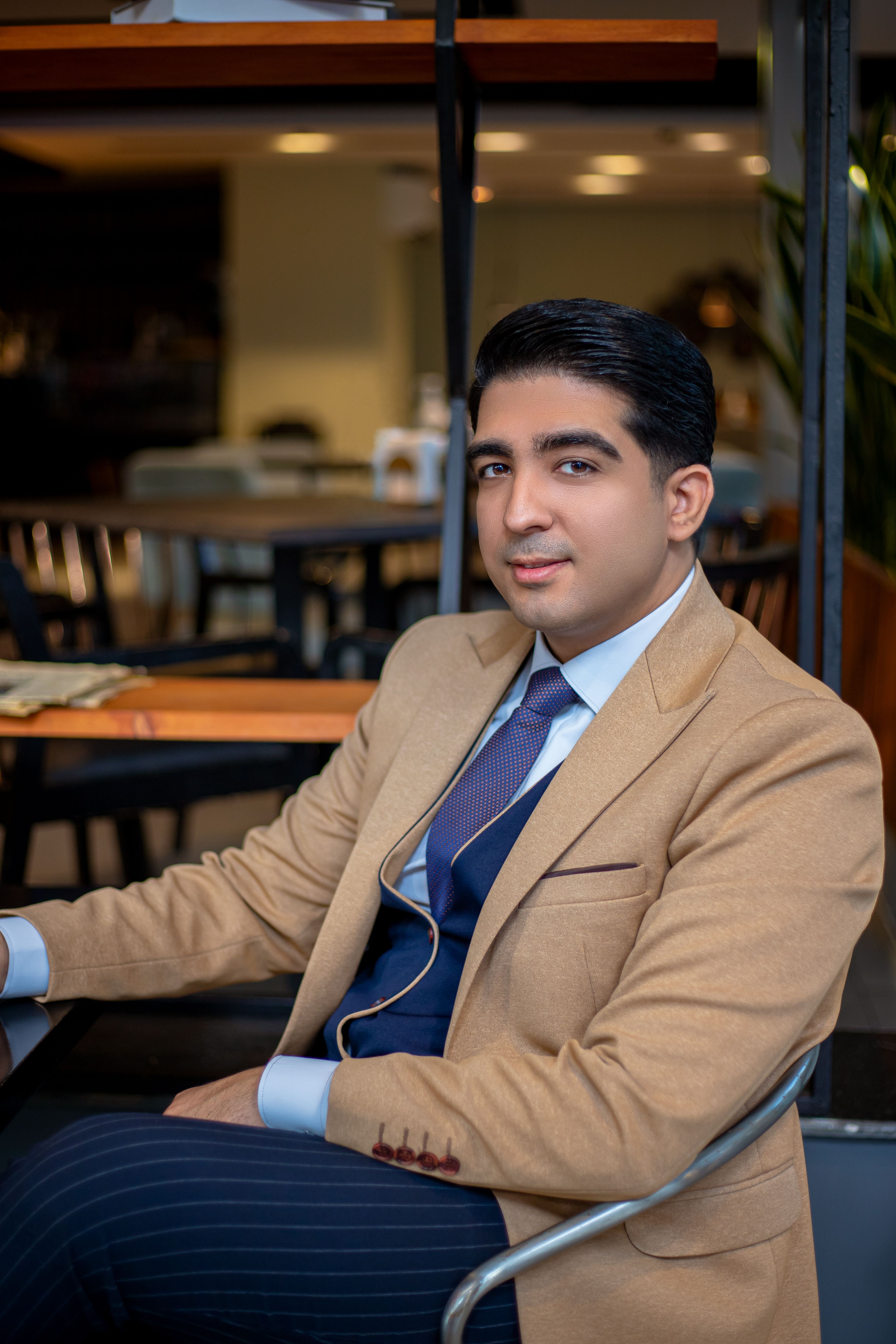 Portrait of a confident businessman seated in an elegant indoor setting, wearing a formal suit and tie.