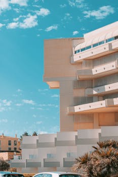 Contemporary building with clear skies in Palma de Mallorca, Spain.