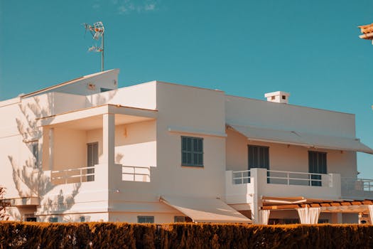 Elegant modern white house with balconies under a clear blue sky in Spain, showcasing minimalistic architecture.