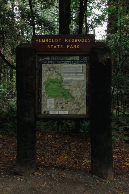 Entrance sign and map at Humboldt Redwoods State Park, California forest.