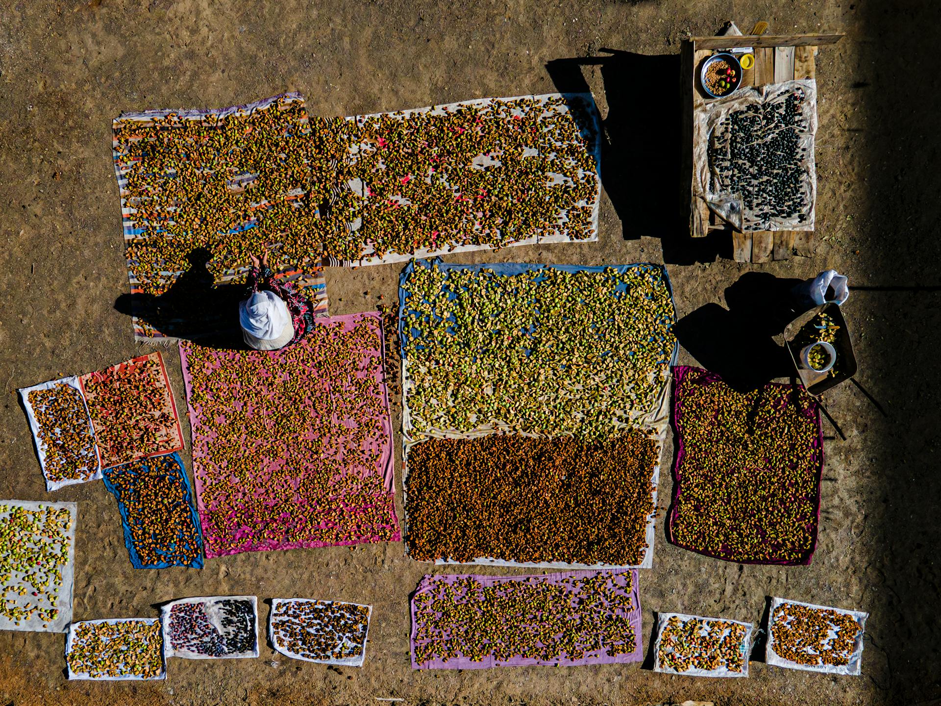 Aerial View of a Person Sitting among Food Spread on Blankets on the Ground