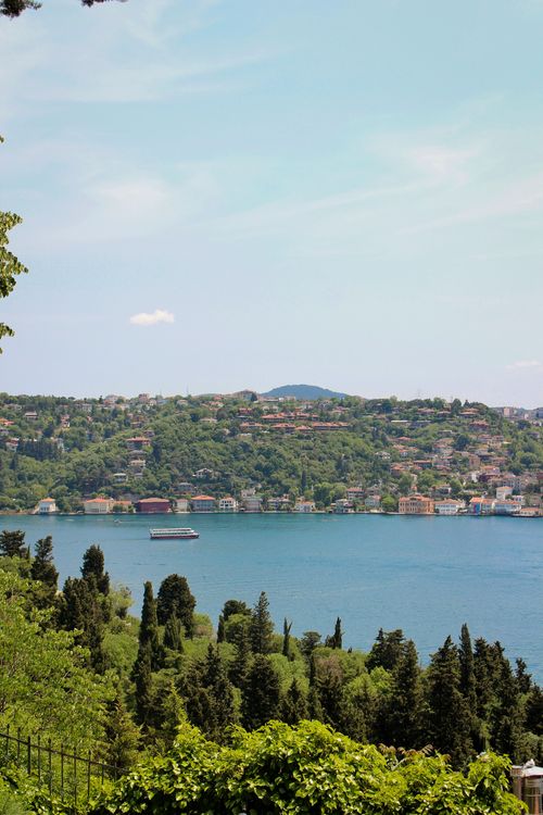 Free Captivating view of the Bosphorus in Istanbul with lush greenery and houses in the background. Stock Photo